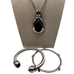 Silver Tone Black Onyx Necklace & Rhinestone Bracelets Set.   M54